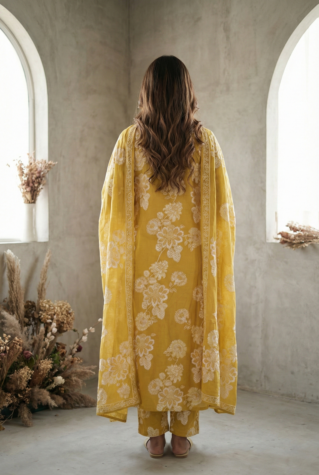 Neerus Yellow cotton thread embroidered suit set - side view