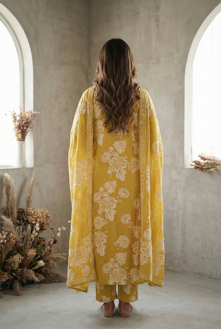 Neerus Yellow cotton thread embroidered suit set - side view