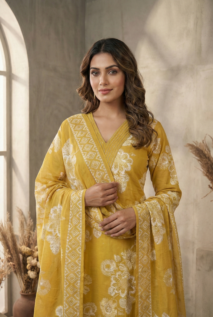 Neerus Yellow cotton thread embroidered suit set - detail view 1