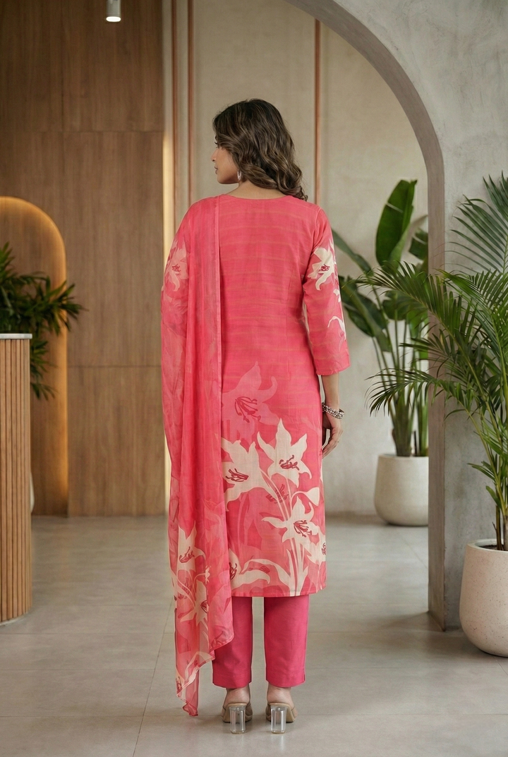 Neerus Red silk embellished floral suit set - side view
