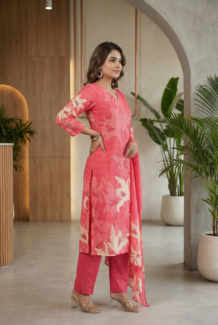 Neerus Red silk embellished floral suit set - back view