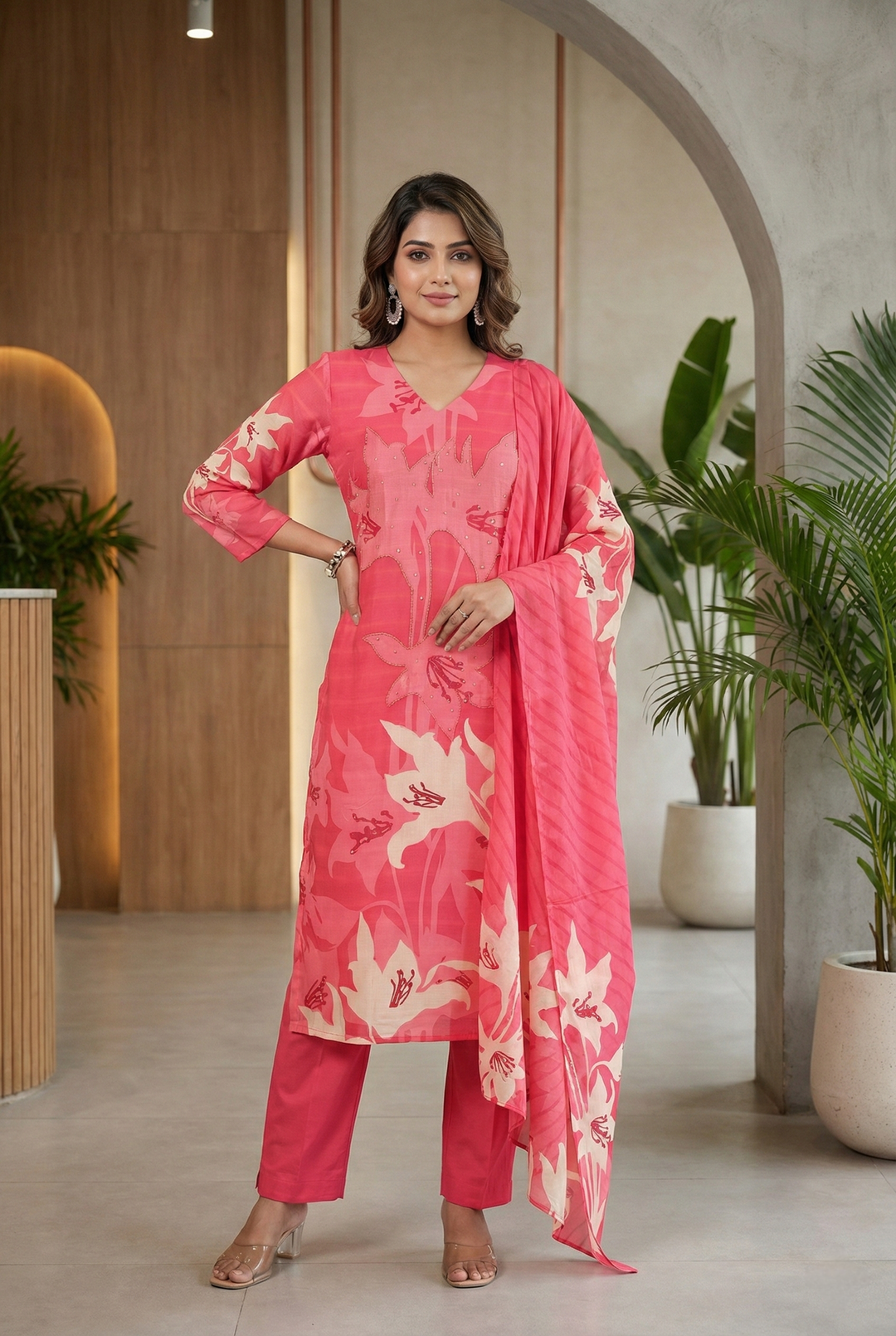 Neerus Red silk embellished floral suit set - front view