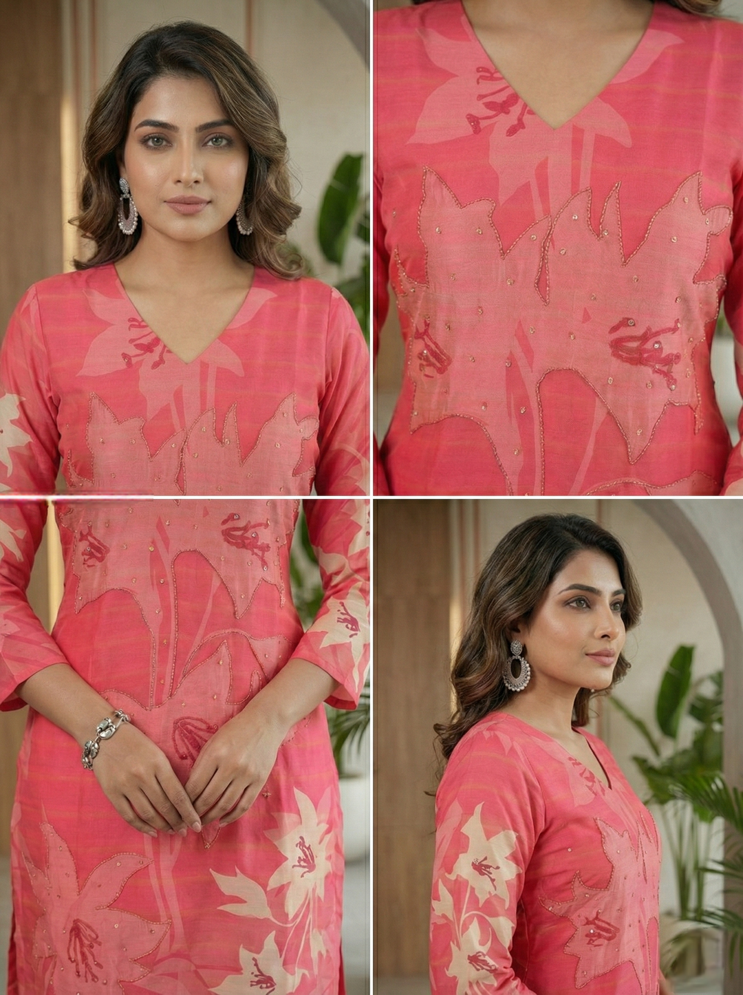 Neerus Red silk embellished floral suit set - detail view 1