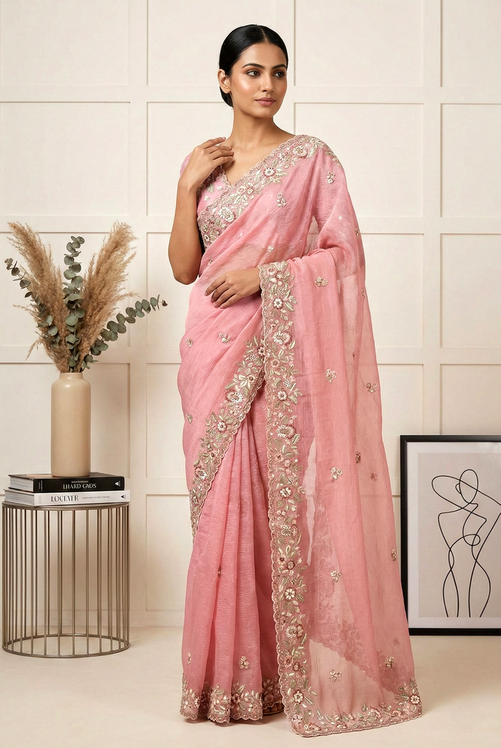 Neerus Pink Georgette Hand Embroidered Saree - front view