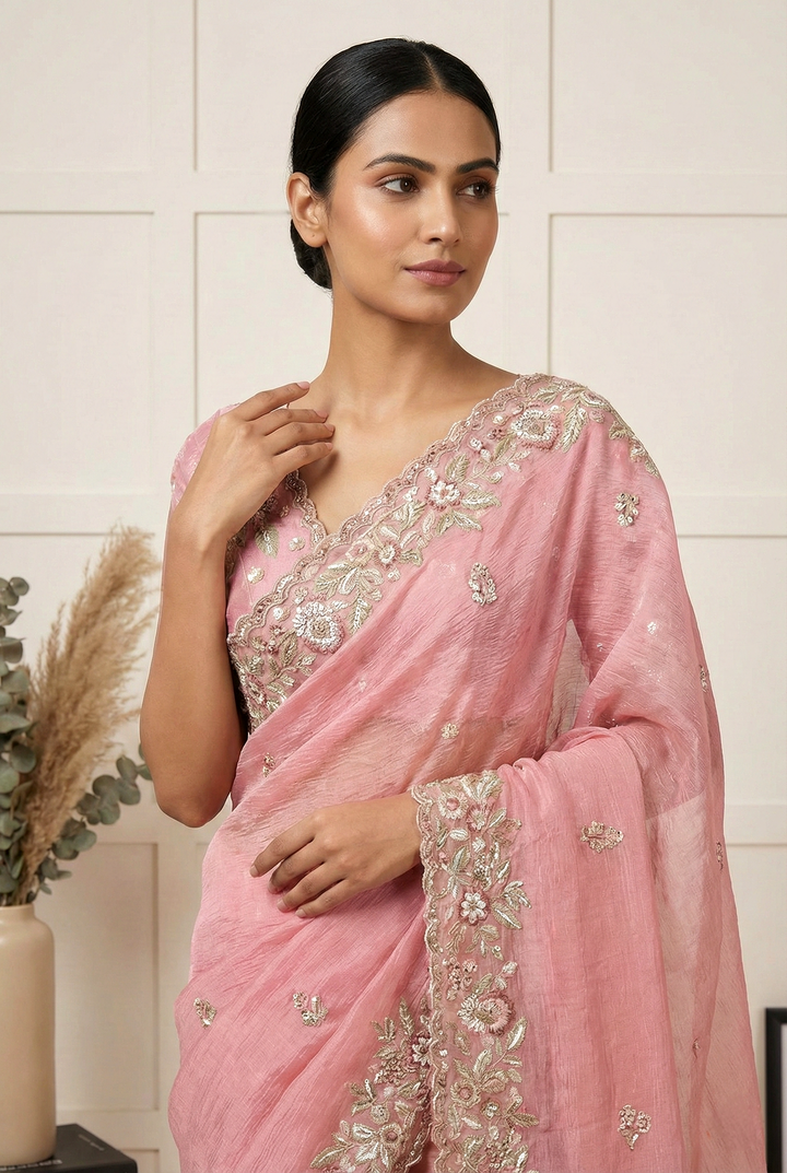 Neerus Pink Georgette Hand Embroidered Saree - back view