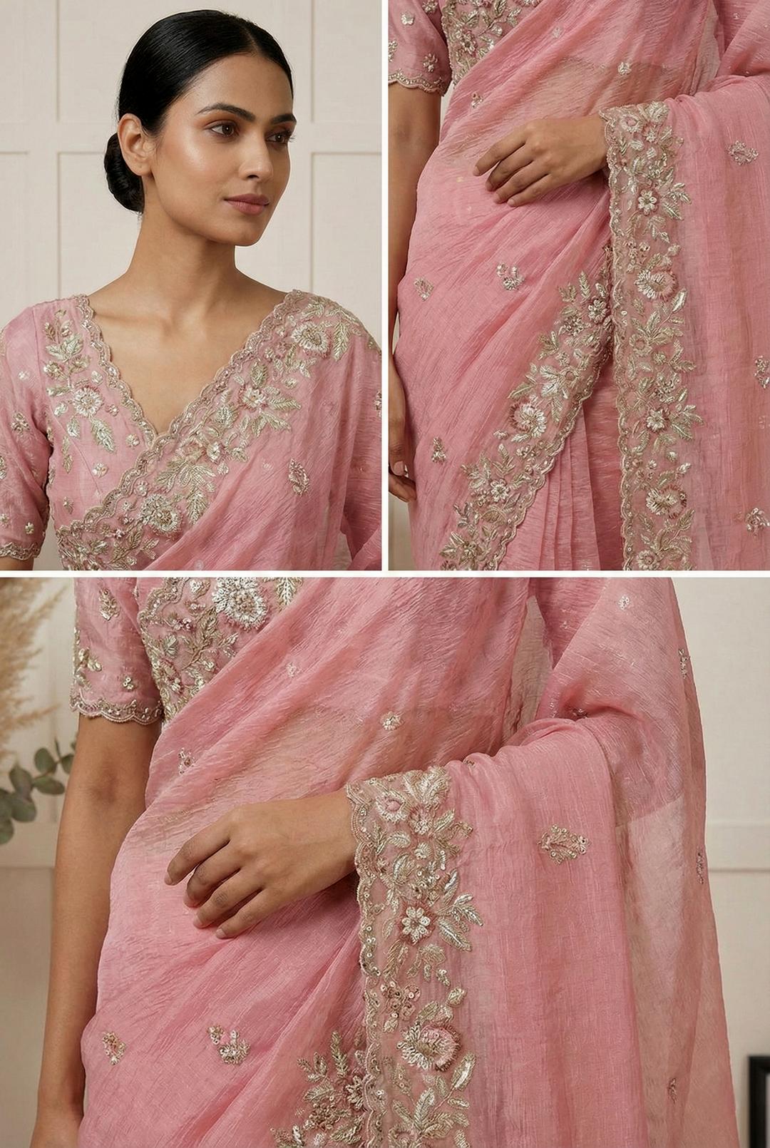 Neerus Pink Georgette Hand Embroidered Saree - side view