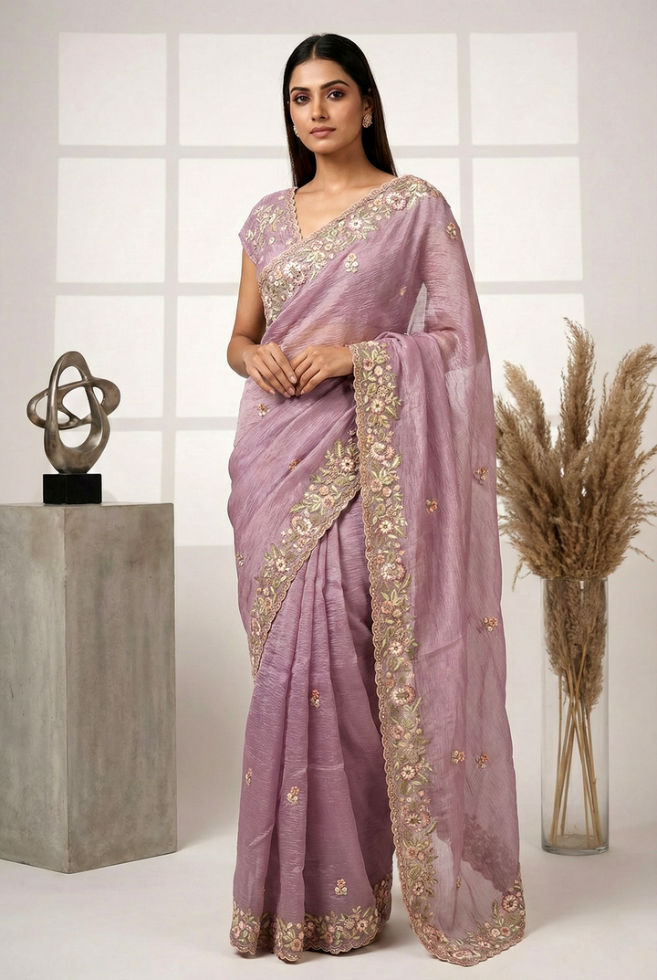 Neerus Purple georgette hand embroidered saree - front view