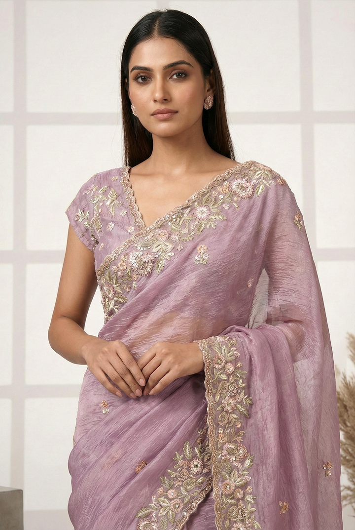 Neerus Purple georgette hand embroidered saree - back view