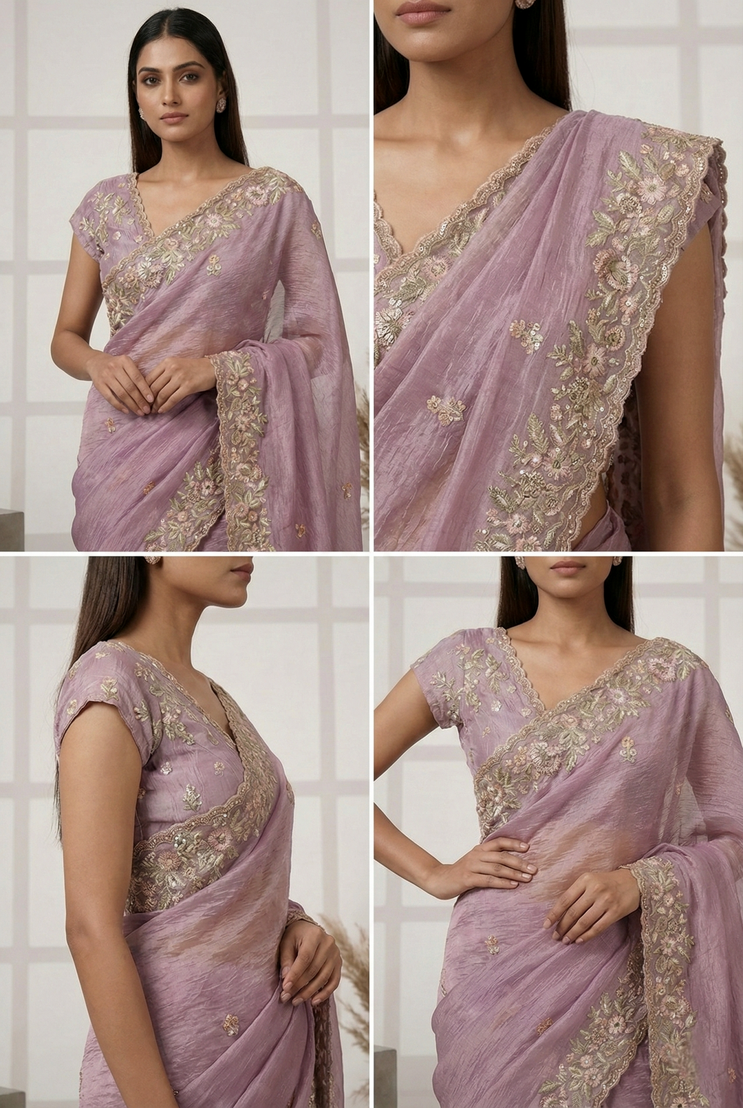 Neerus Purple georgette hand embroidered saree - side view