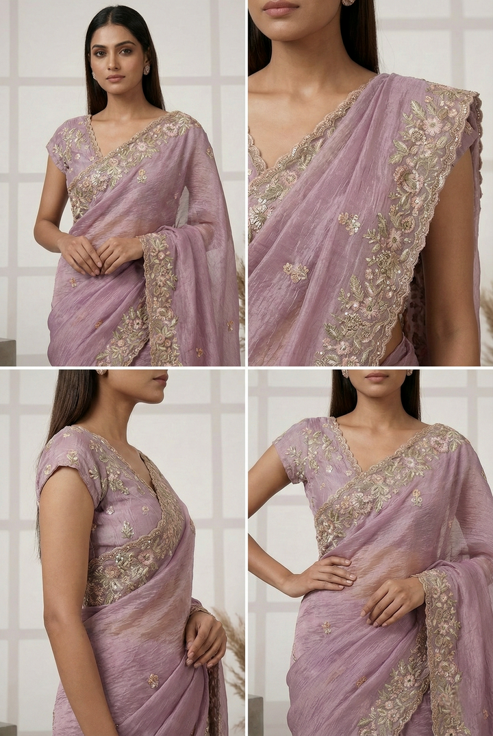 Neerus Purple georgette hand embroidered saree - side view