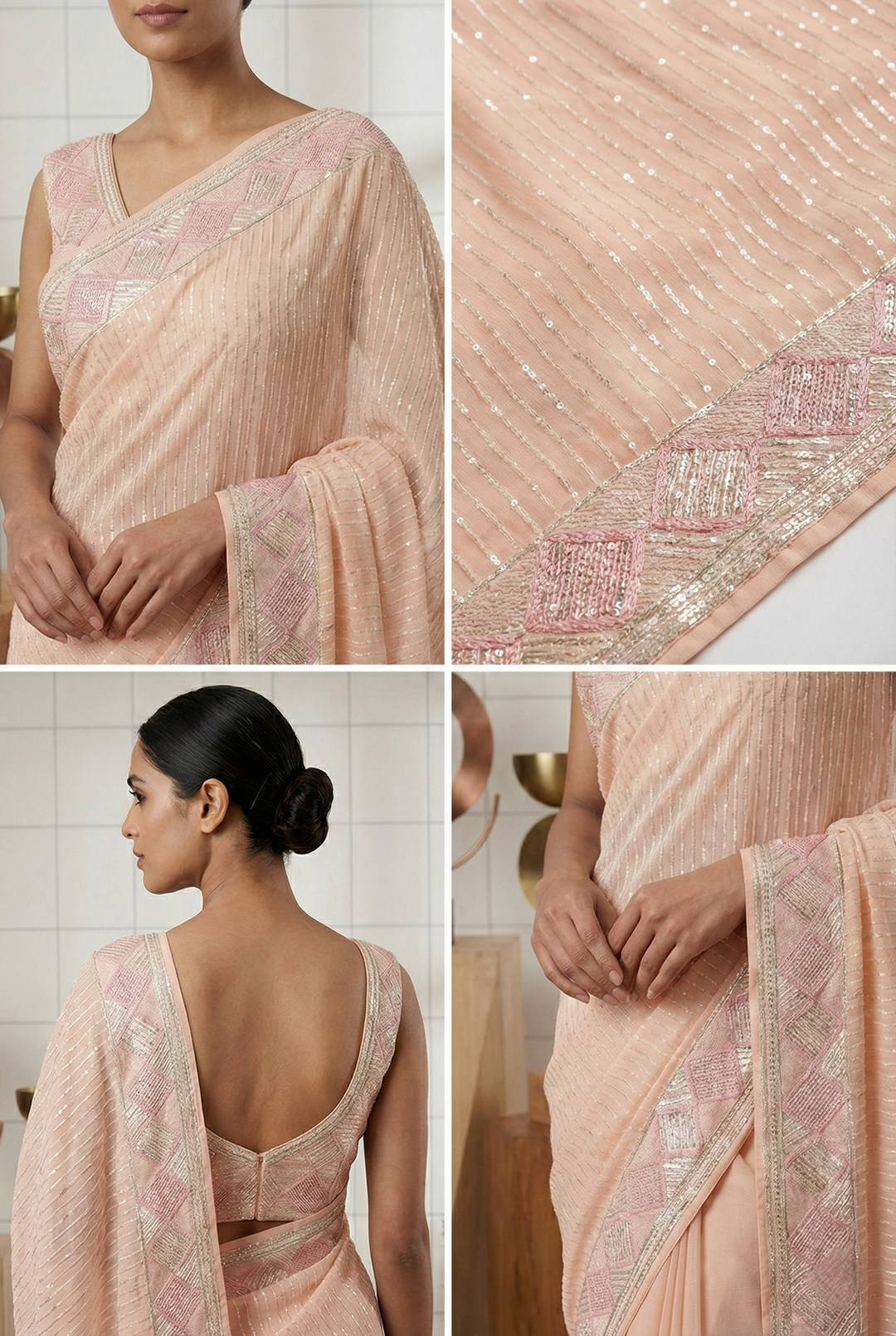 Neerus Pink georgette embellished saree - side view