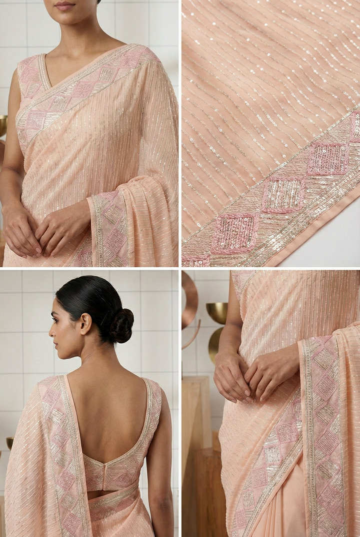 Neerus Pink georgette embellished saree - side view