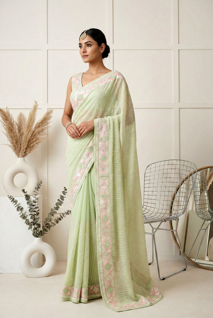 Neerus Green georgette embellished saree - front view