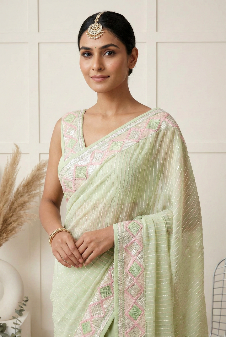 Neerus Green georgette embellished saree - back view