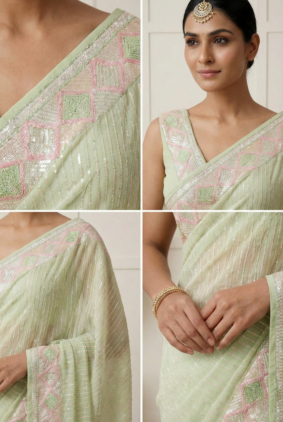 Neerus Green georgette embellished saree - side view