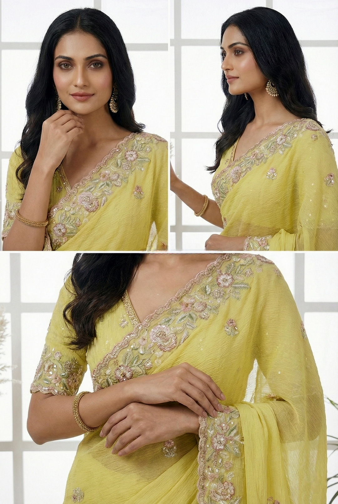 Neerus Yellow Georgette Hand Embroidered Saree - back view