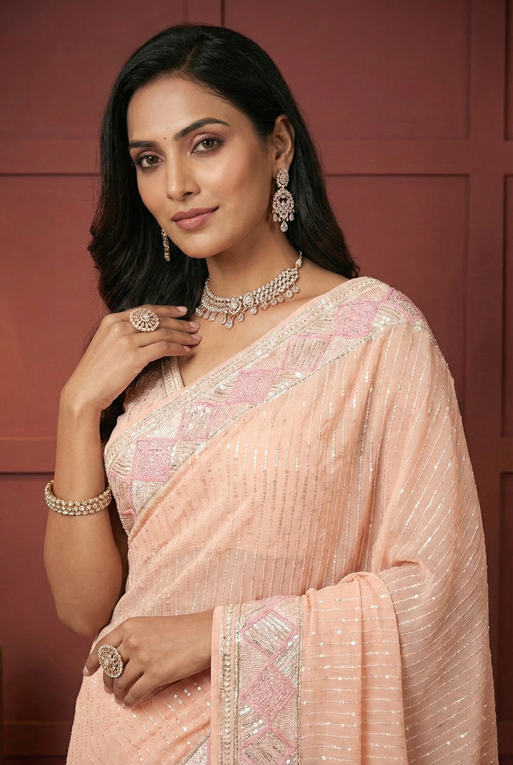 Neerus Pink georgette embellished saree - back view