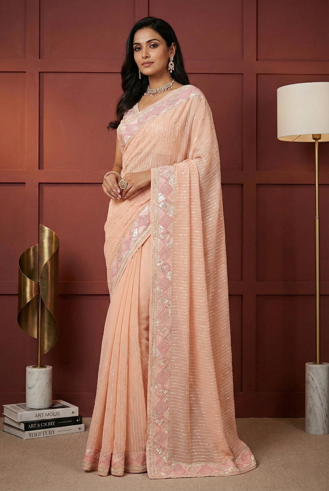 Neerus Pink georgette embellished saree - front view