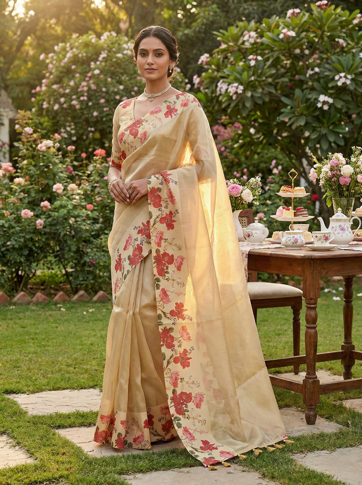 Neerus Orange organza digital printed saree - front view