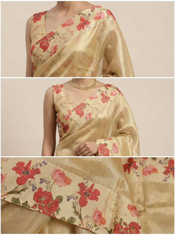 Neerus Orange organza digital printed saree - back view