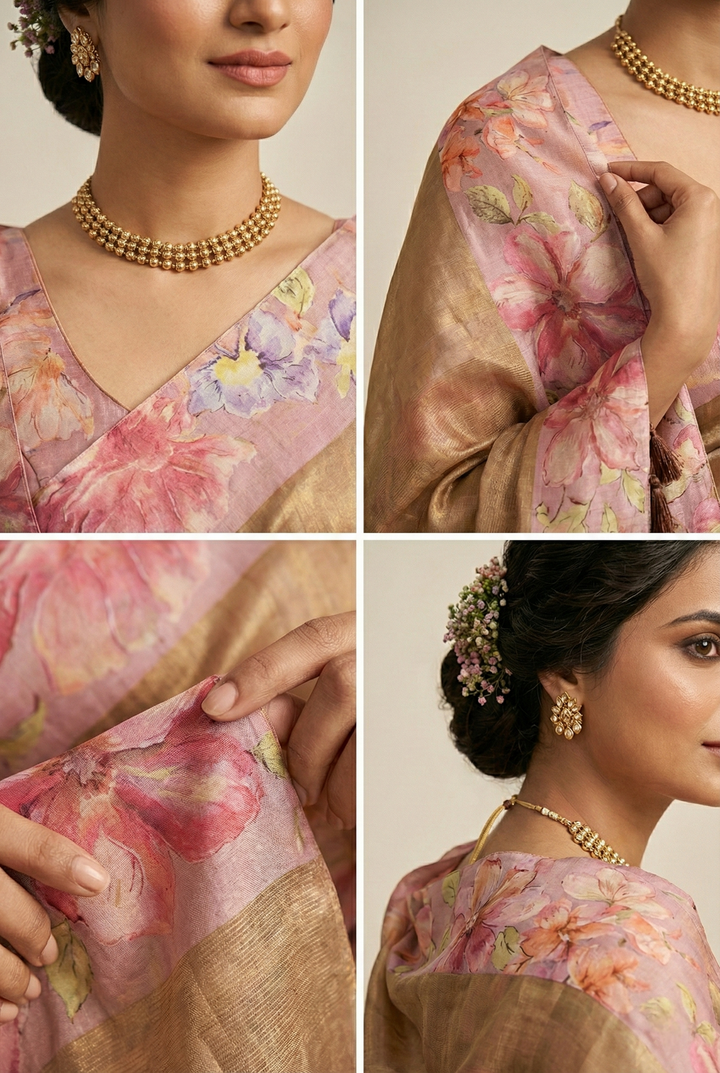 Neerus Pink organza digital printed saree - side view