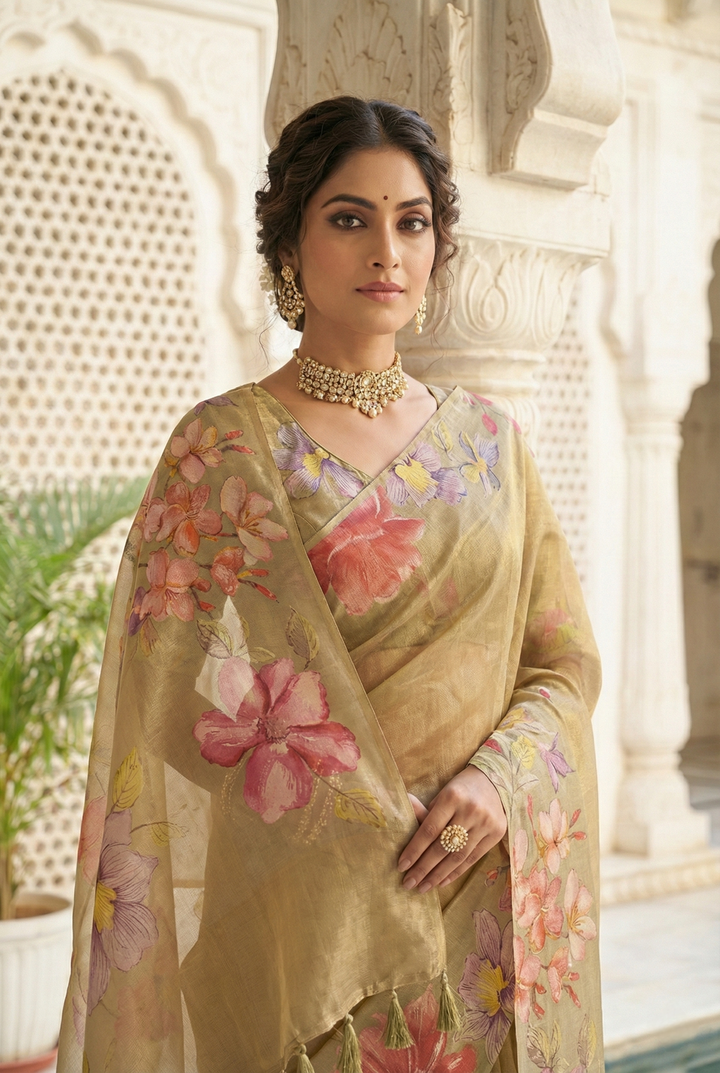 Neerus Grey organza printed saree - back view