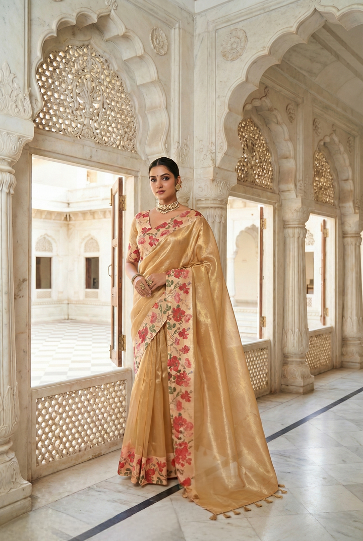 Neerus Gold Organza Printed Saree - front view