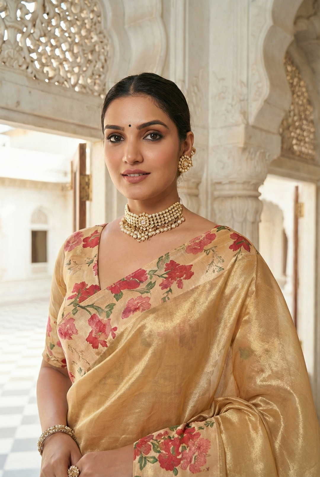 Neerus Gold Organza Printed Saree - back view