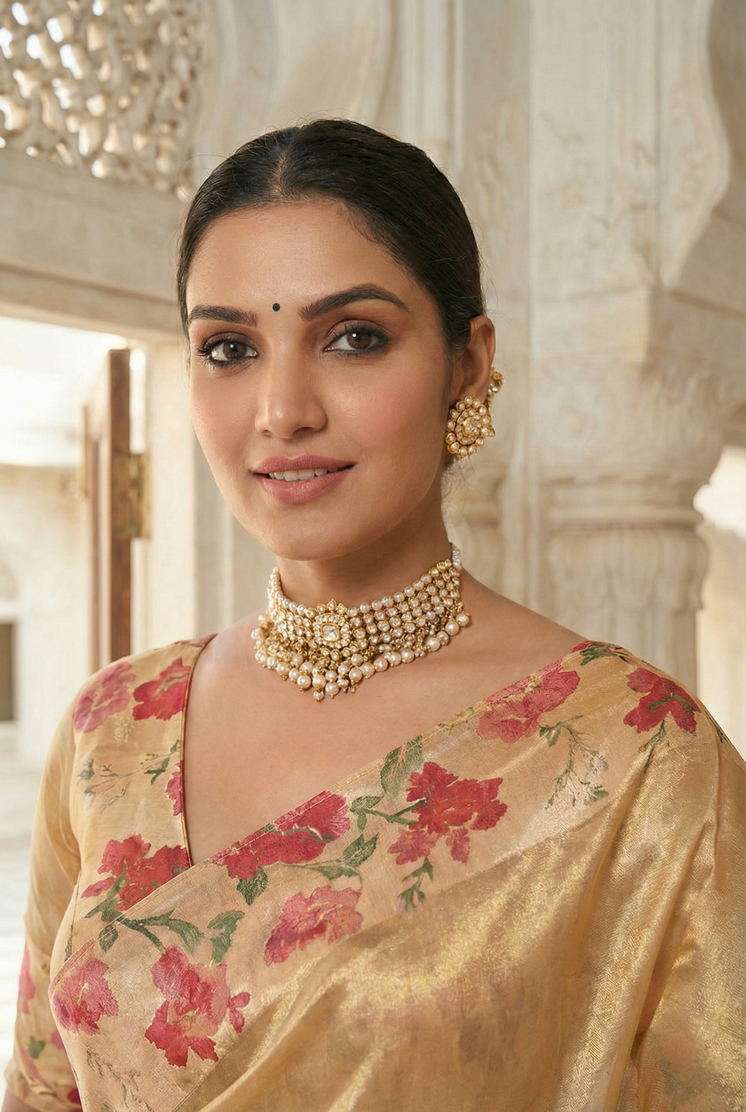 Neerus Gold Organza Printed Saree - side view