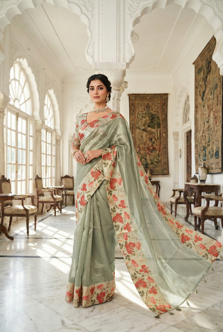Neerus Grey organza digital printed saree - front view