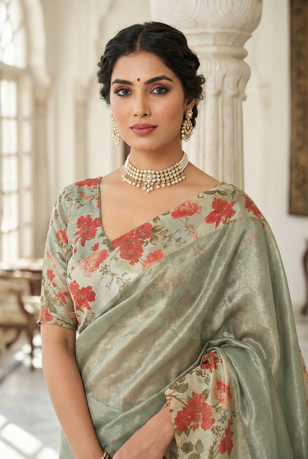 Neerus Grey organza digital printed saree - back view