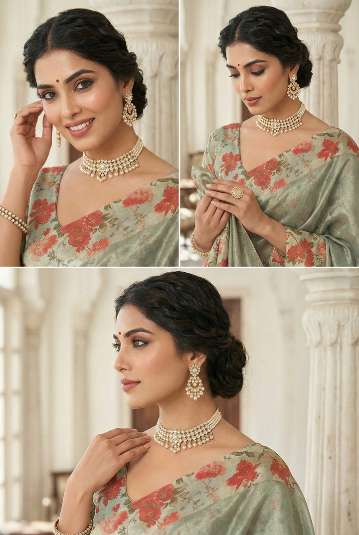 Neerus Grey organza digital printed saree - side view