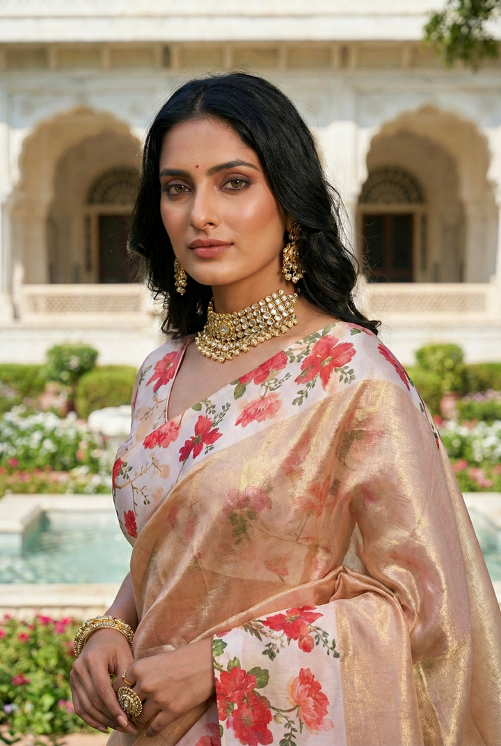 Neerus Pink Organza Digital Printed Saree - back view
