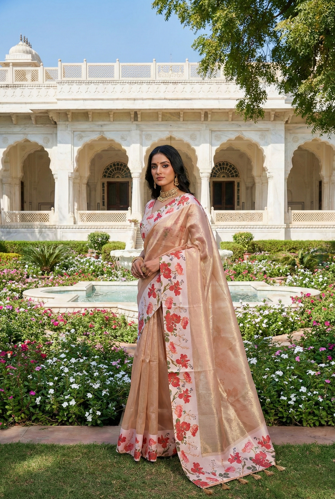 Neerus Pink Organza Digital Printed Saree - front view