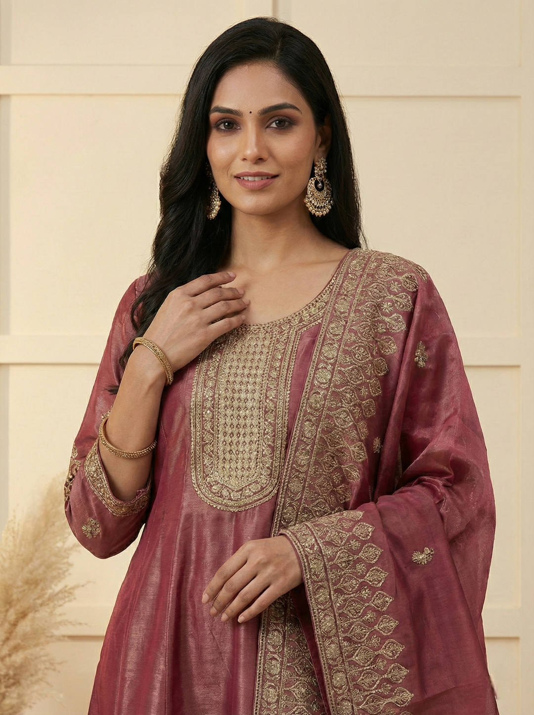 Neerus Maroon tissue hand embroidered suit set - back view