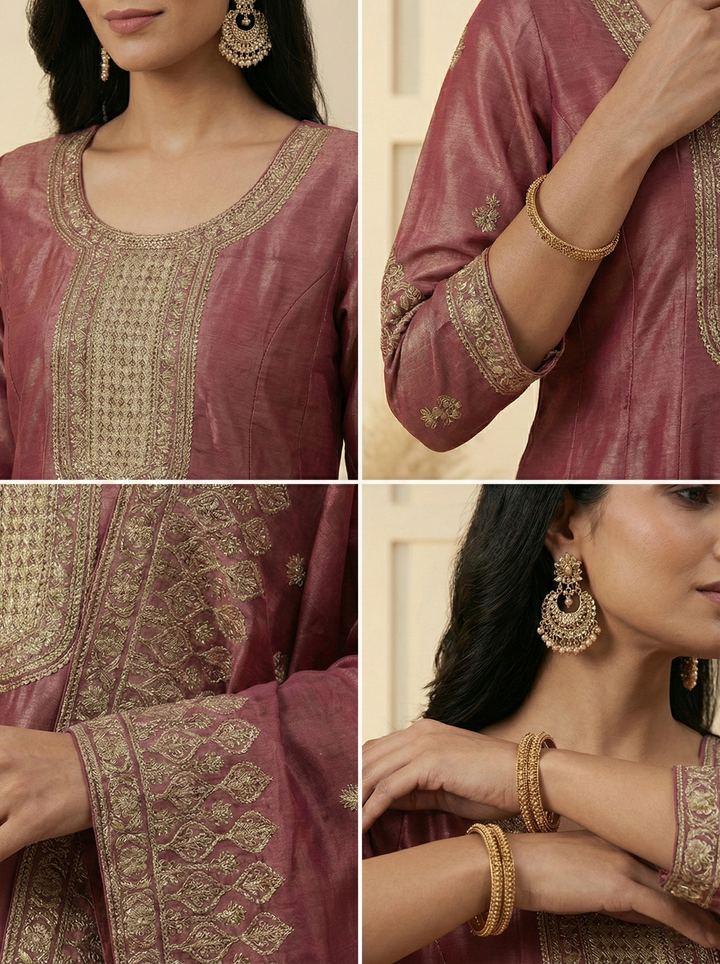 Neerus Maroon tissue hand embroidered suit set - side view