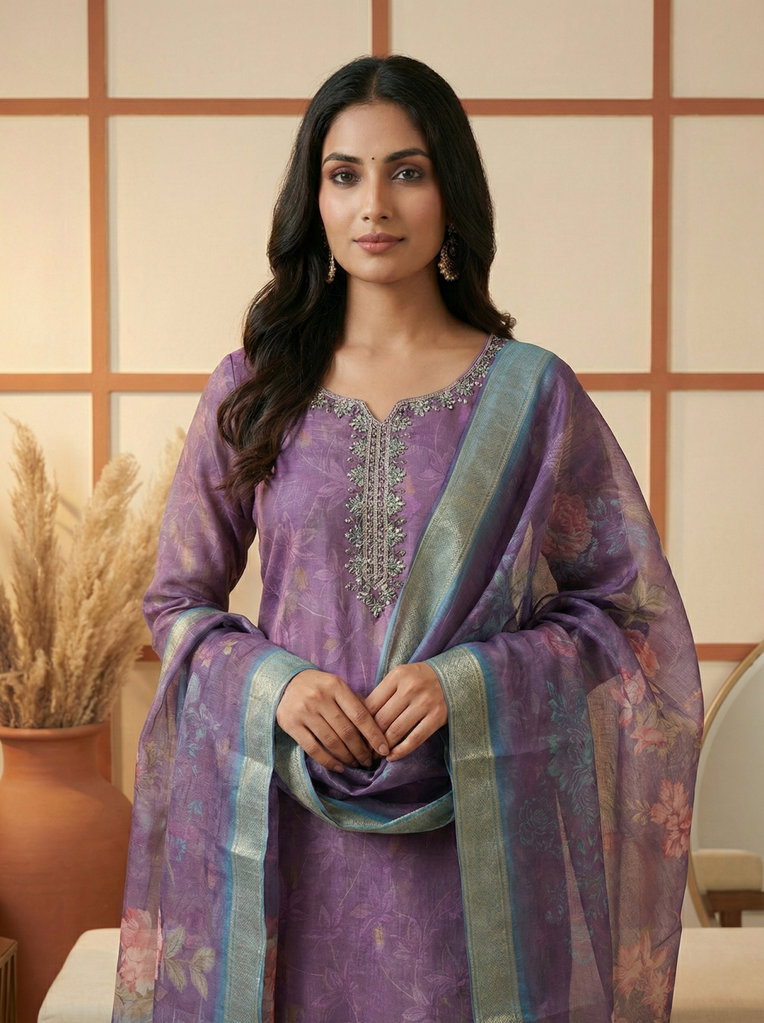 Neerus Purple tissue embellished suit set - back view