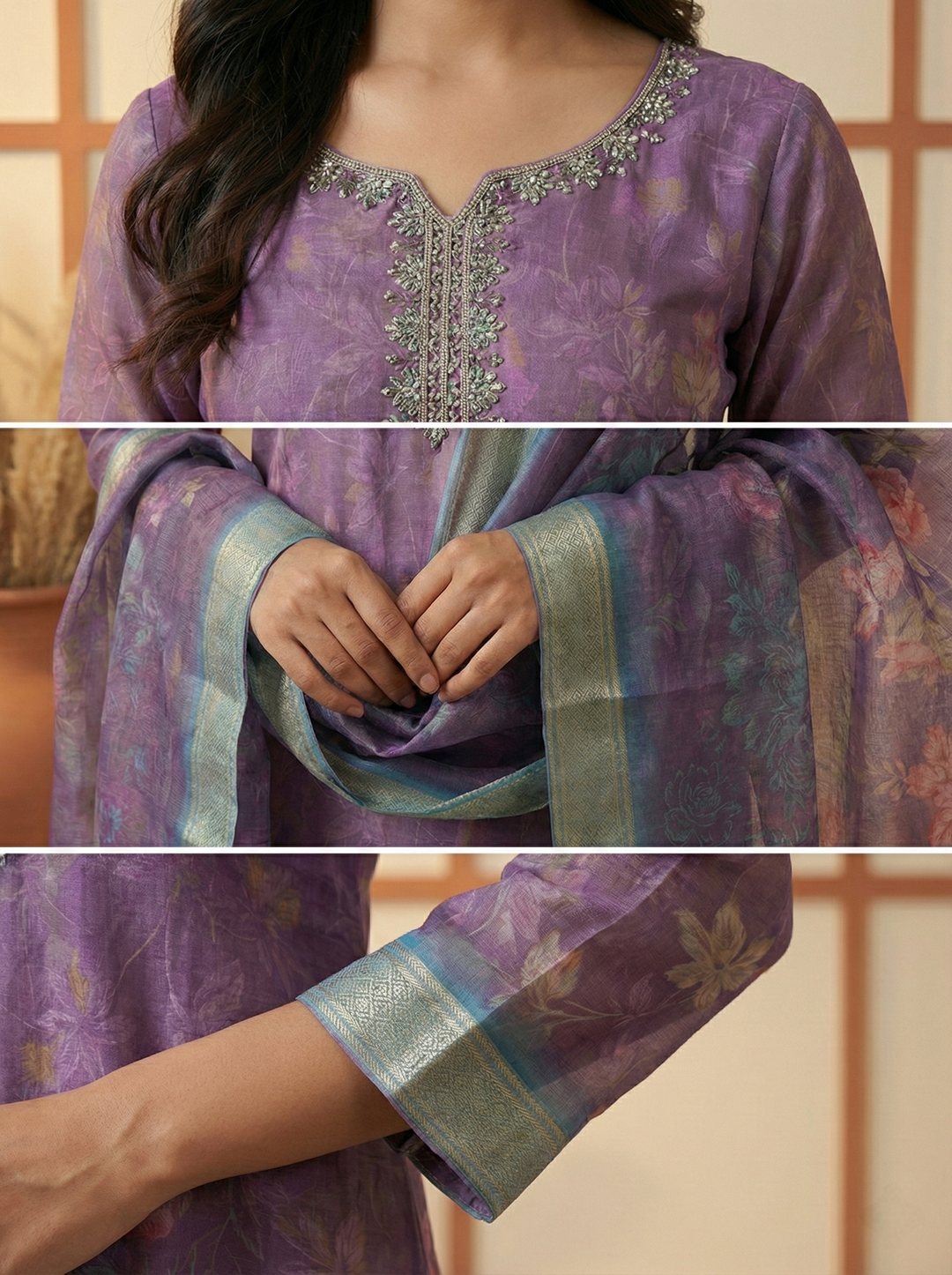 Neerus Purple tissue embellished suit set - side view