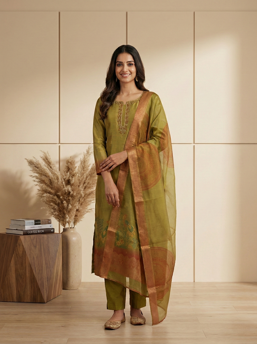 Neerus Green tissue embroidered suit set - front view