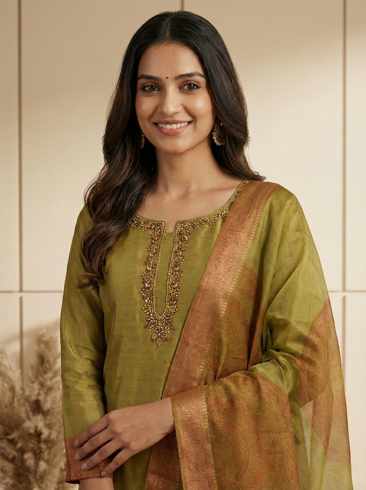Neerus Green tissue embroidered suit set - back view