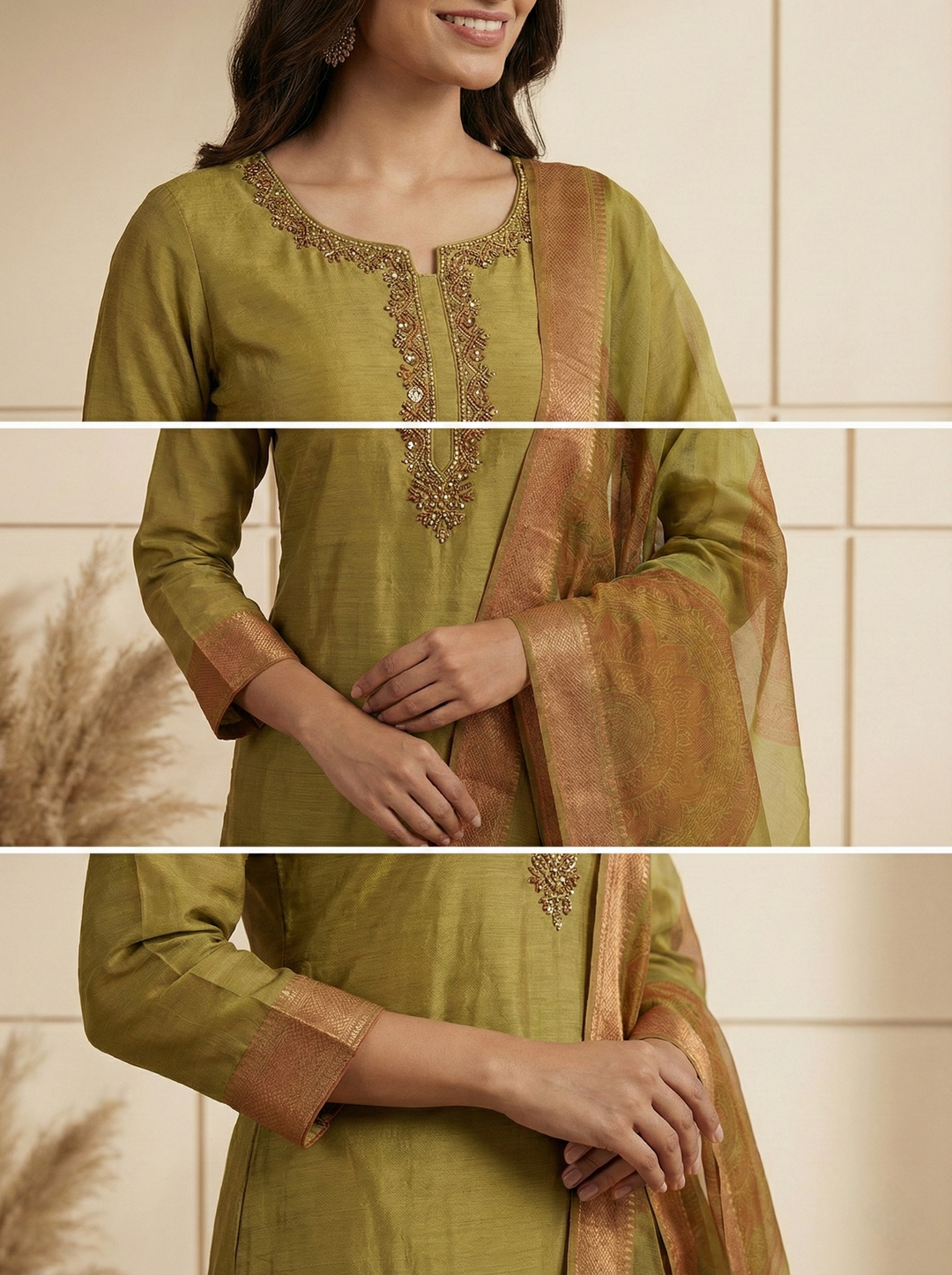 Neerus Green tissue embroidered suit set - side view