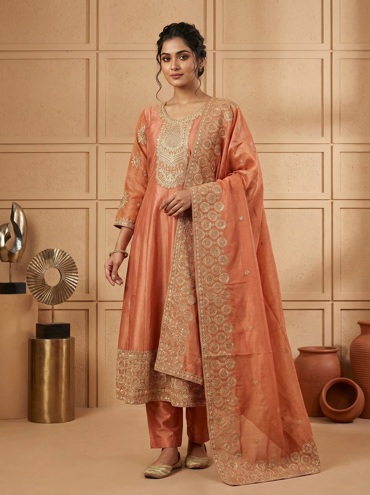 Neerus Pink tissue hand embroidered suit set - front view