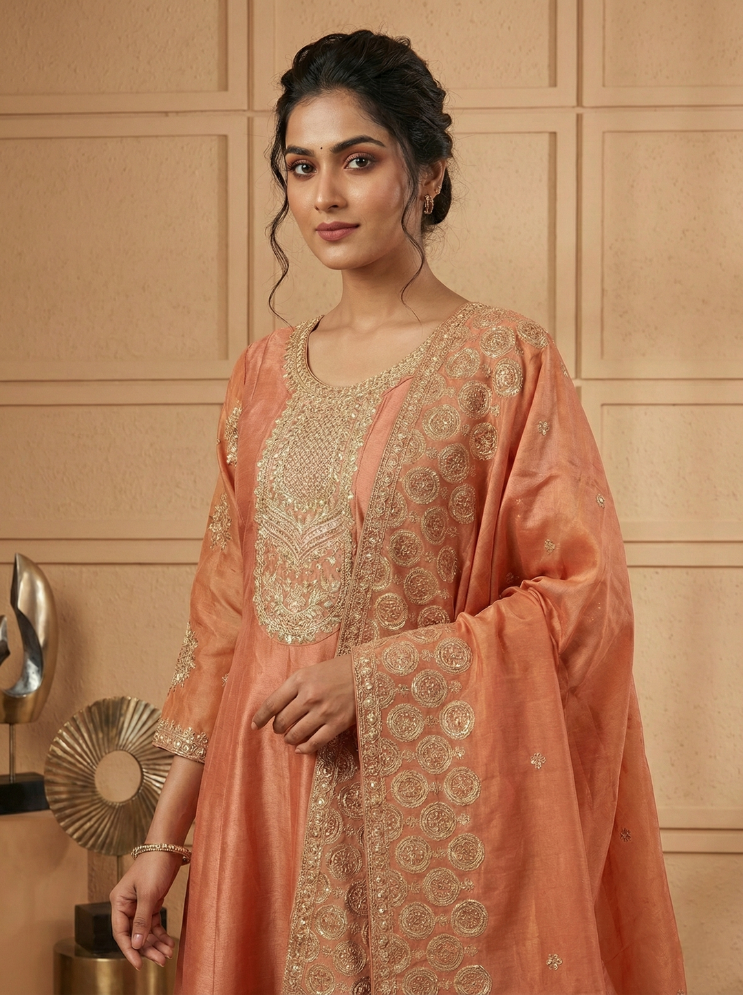 Neerus Pink tissue hand embroidered suit set - back view