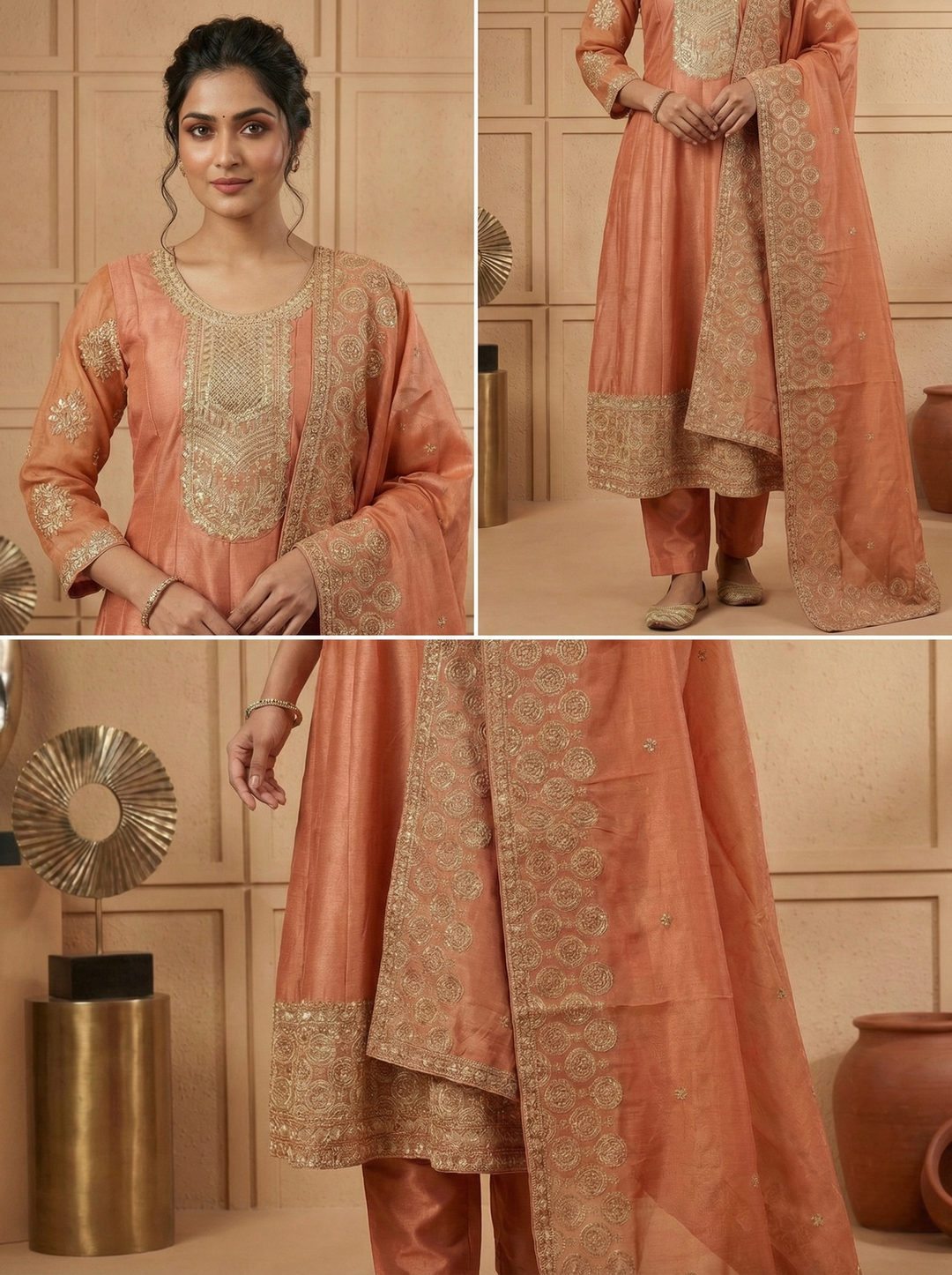 Neerus Pink tissue hand embroidered suit set - side view