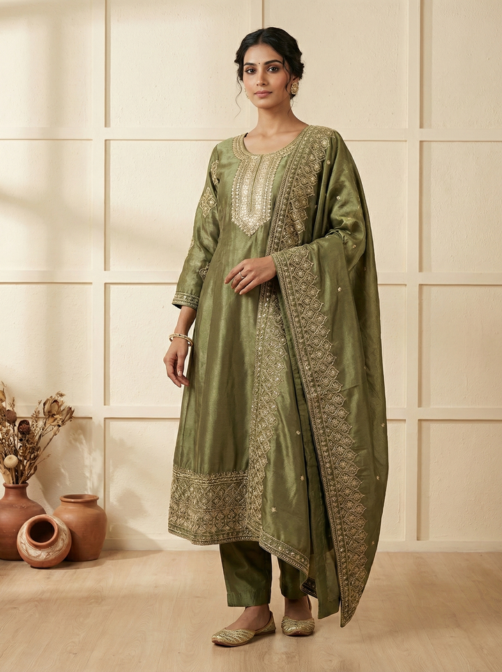 Neerus Green tissue hand embroidered suit set - front view
