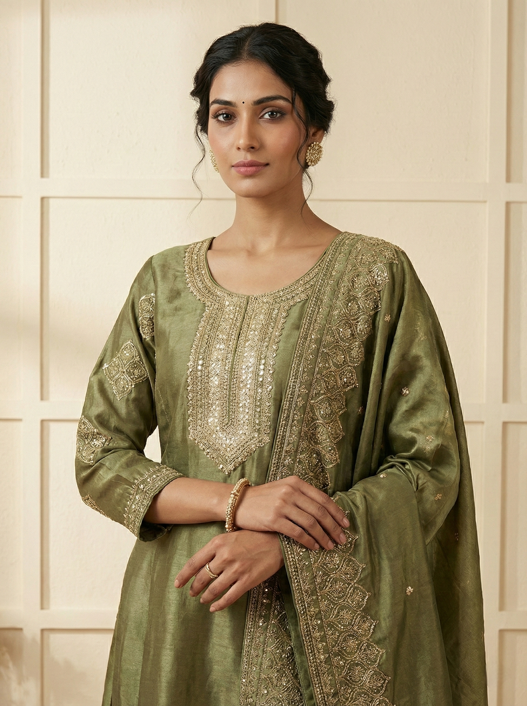 Neerus Green tissue hand embroidered suit set - back view