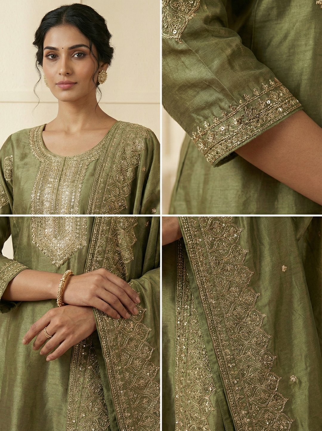 Neerus Green tissue hand embroidered suit set - side view