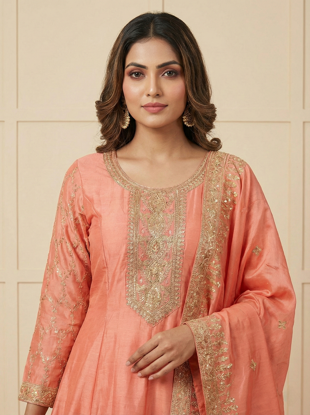 Neerus Orange tissue hand embroidered suit set - back view