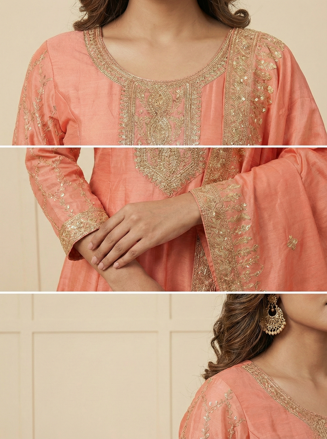 Neerus Orange tissue hand embroidered suit set - side view