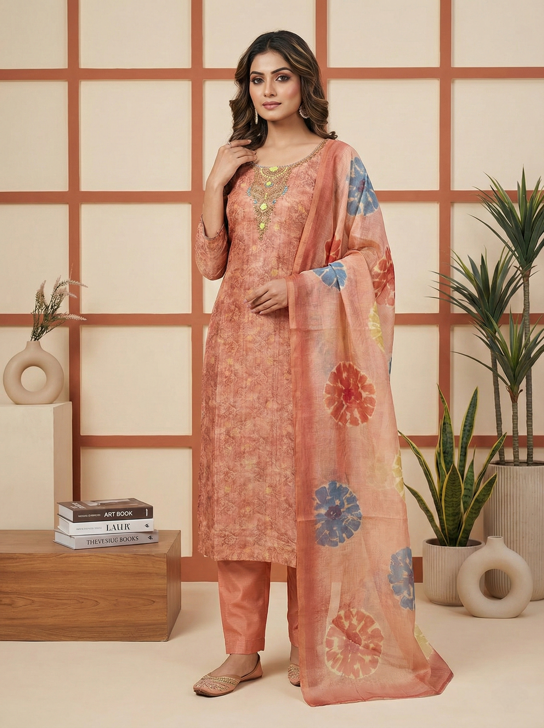 Neerus Pink tissue printed suit set - front view